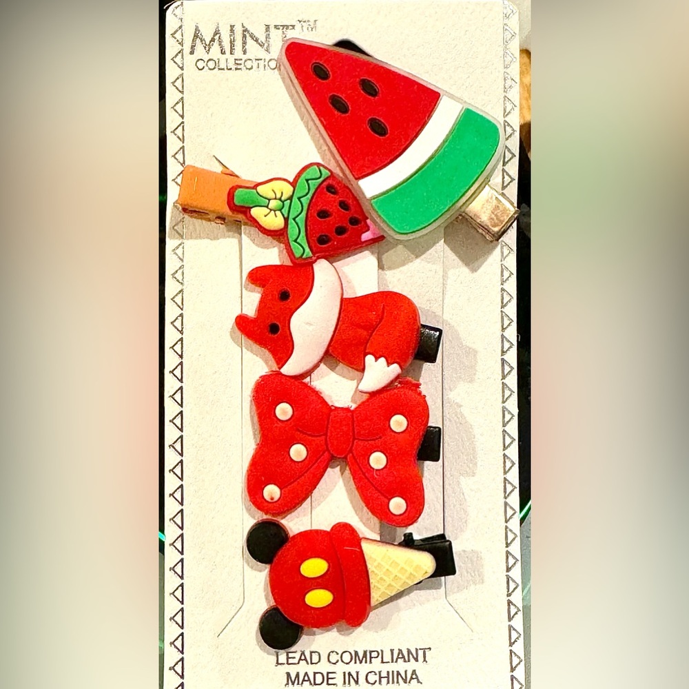 Girls Set of 5 Hair Clips in Red Watermelon